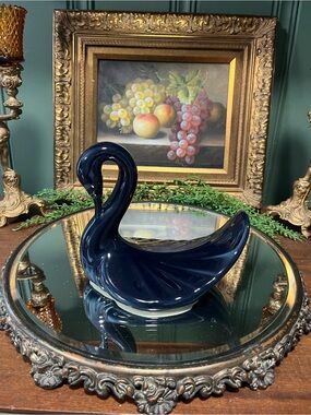 Vintage dark blue ceramic swan towel holder